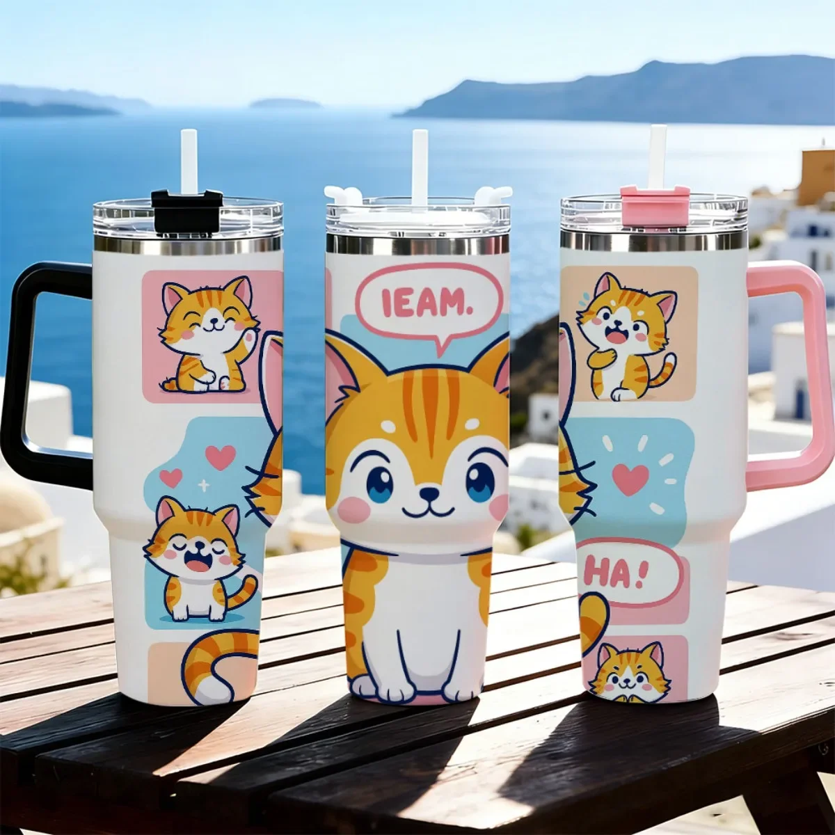 40oz Cartoon Orange Tabby Cat Comic Bubble Heart Print Stainless Steel Tumbler With Handle Straw Lid 24 Hours Cold Insulated Travel Water Cup