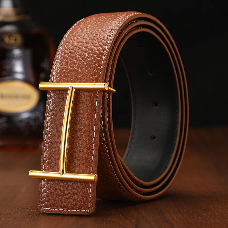 New Fashion Luxury Designer Brand Metal H-shaped Buckle Belt for Men\'s High Quality Classic Business Genuine Leather Belt