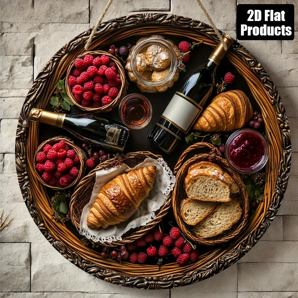 Letrero Redondo Metálico con Diseño de Desayuno Gourmet, Vino y Croissants, Decoración de Pared con Arte Culinario en Impresión Plana 2D, Placa de Metal Vintage con Escena de Brunch