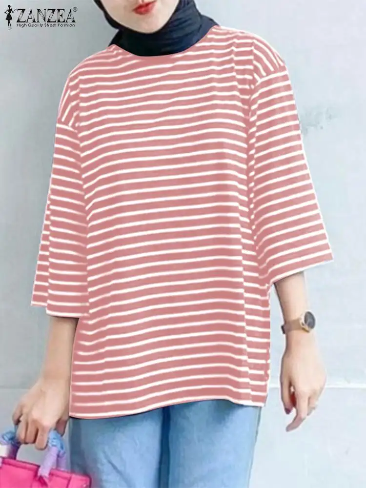 

Fashion Women Striped Blouse ZANZEA Muslim Hijab Tops Spring O Neck 3/4 Sleeve Blusas Oversize Chemise Casual Holiday Work Shirt