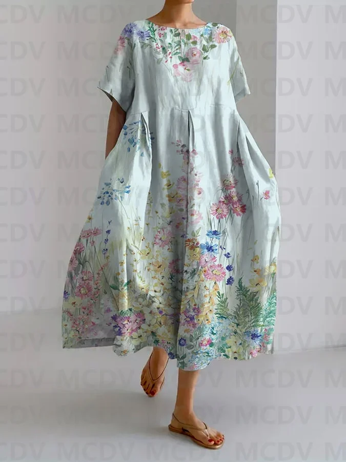 Women's Retro Botanical Floral Design Printed Casual Loose Dress Elegant Female Dresses