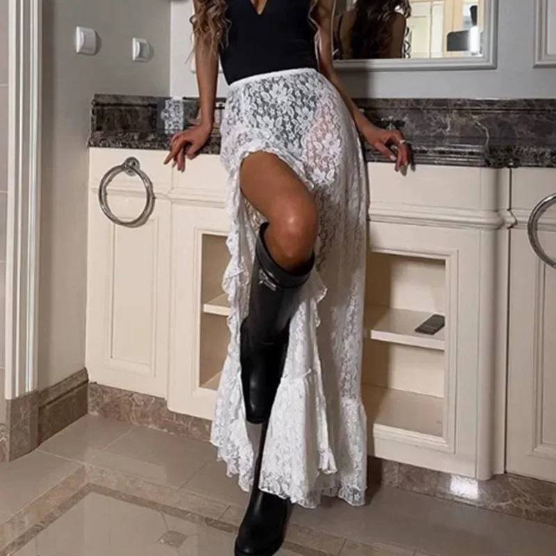 

Women Split Thigh Front Ruffled Skirt Lace Long Skirt High Waist Sheer Mesh A Line Skirt Clubwear Female Streetwear Clothes