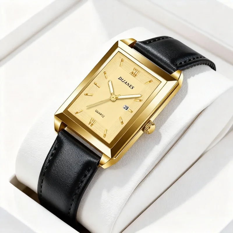 Fashion Men Watches Necklace Set Top Brand Luxury Square Analog Quartz Watch with Calendar High-end Business Male Clock Gift