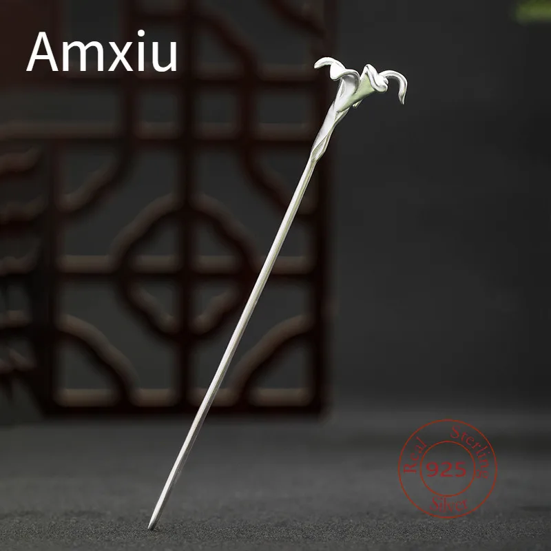 Amxiu Sterling Silver 925 Creative Simple  Hair Accessories Iris Flower Hairpin Ancient Style Hanfu Accessories Flower Hairpin