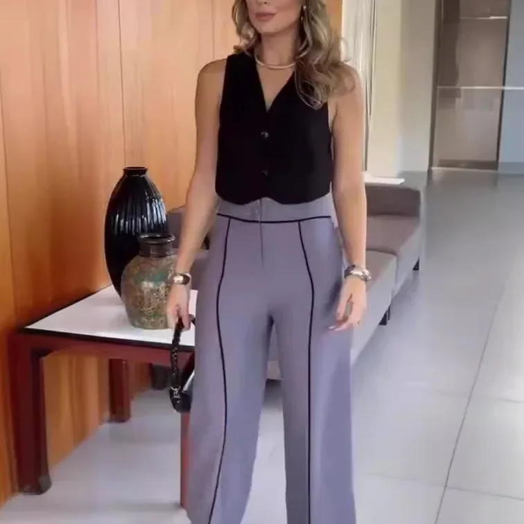 Conjunto de ropa de 2 uds para mujer, camiseta sin mangas con costuras contrastantes de Color, chaleco, Pantalones rectos de cintura alta, verano 2024