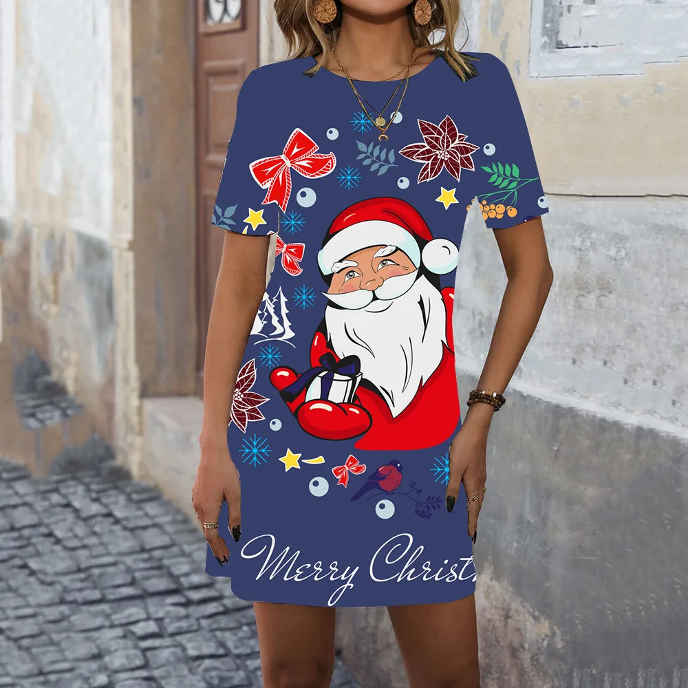 Fashionable Bohemian Santa Claus Print Pullover Mini Dress For Women 2024 New Round Neck Casual Printed Dress Ropa Mujer Sexy