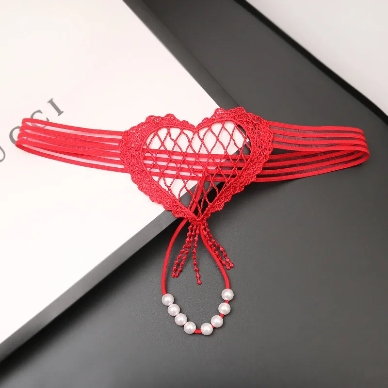 

Ladies Low Waist Pearl Massage Thong Panties Sexy T-shaped Underwear Heart-Shaped Hollow Design Large Mesh Transparent