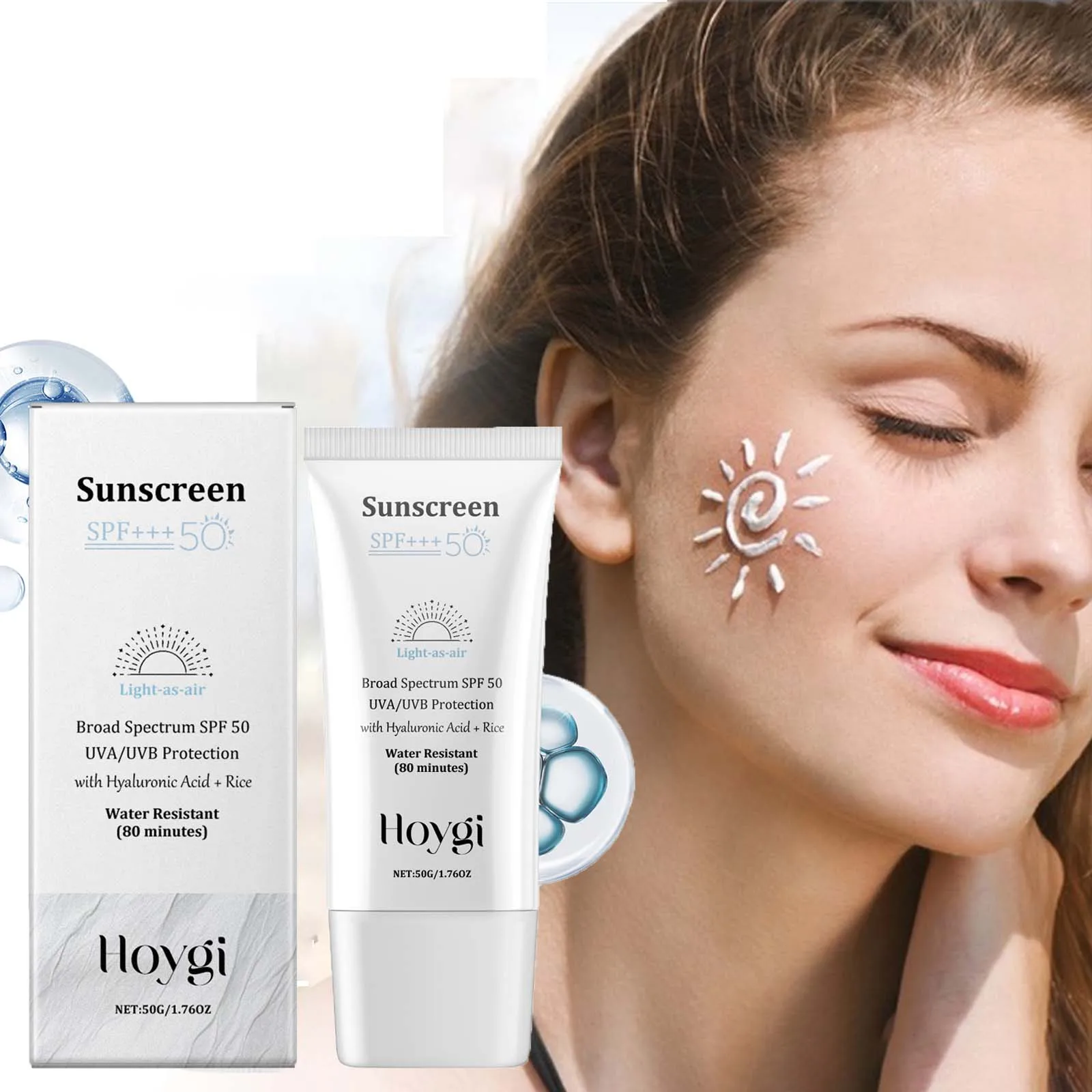 

Hyaluronic Acid Rice Sunscreen SPF50 UV Protective Lightweight Moisturizing Oil Control Non-Greasy Reduce Dryness Korean Skincar