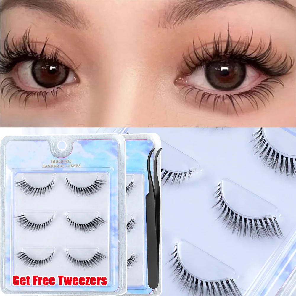 

3 Pairs False Eyelashes with Free Tweezers Clear Stem Lash Extension Natural Long Comic Eye Makeup Beauty Cosmetics Fake Lashes