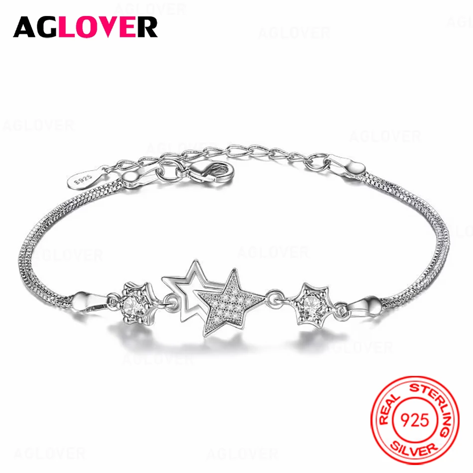 AGLOVER 925 Sterling Silver Five-pointed Star Zircon Bracelet Exquisite Fashion Women Holiday Gift Jewelry
