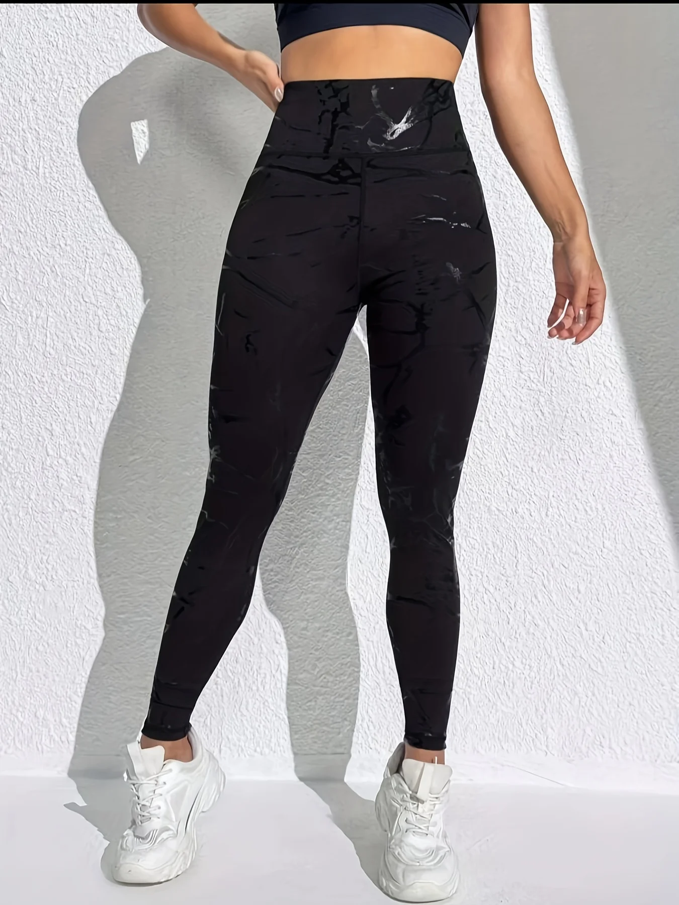 Women Mid‑Rise Fleece Lined Leggings Black Silver Marble Print Slim Stretchy Warm Workout Yoga Pants