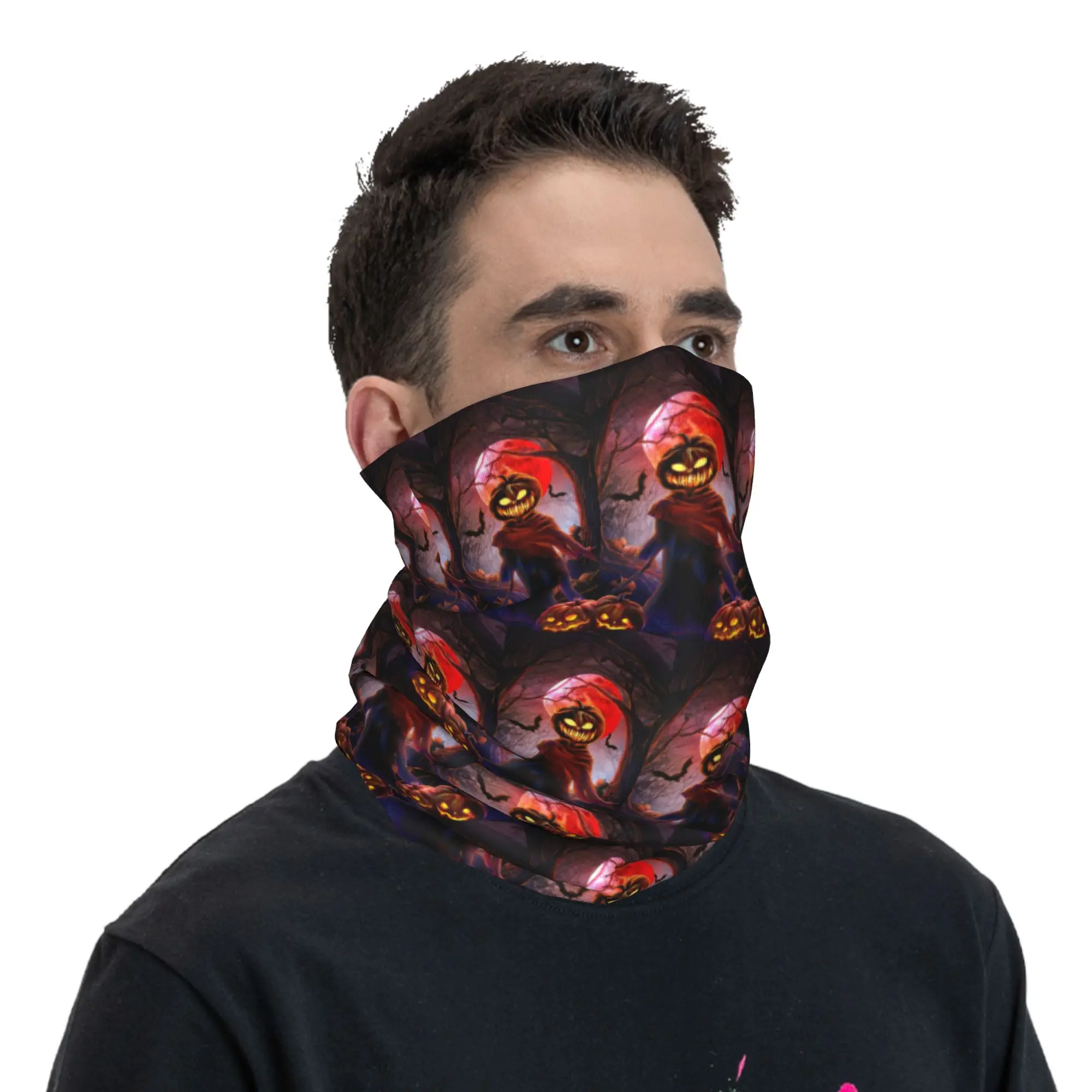 Halloween Pumpkin Scarecrow Bandana Neck Gaiter Printed Wrap Mask Scarf Headband Hiking Fishing Unisex Adult Breathable