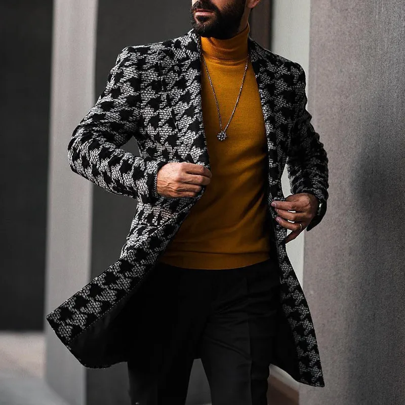 Mens Vintage Houndstooth Pattern Long Trench Coat Lapel Collar Thick Wool Blend Mid Length Jacket Winter Streetwear Overcoat