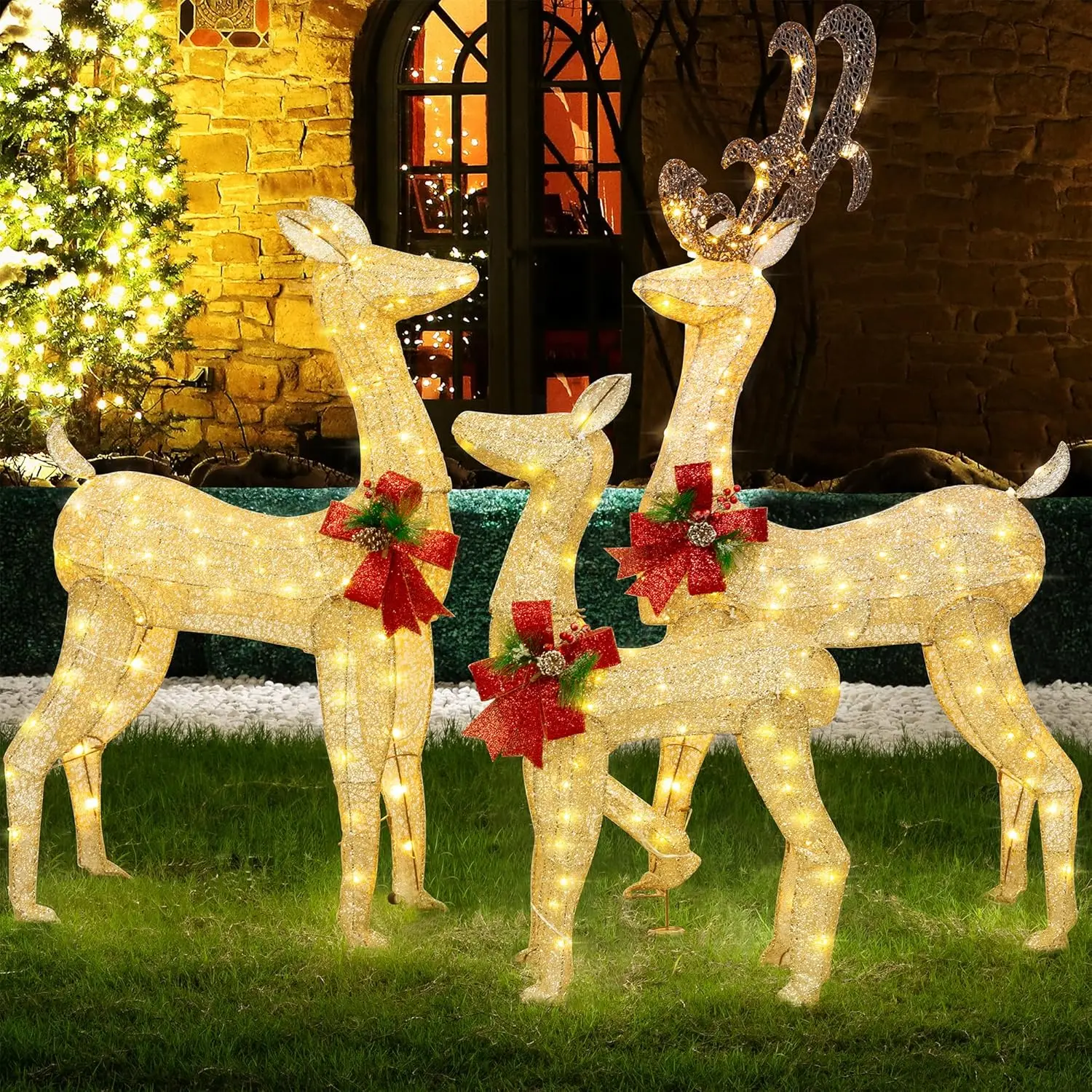 

3-Piece LED Lighted Christmas Deer Set – Super Large 3D Reindeer Yard Decor | Each Deer Features 360° Illumination with Hundreds