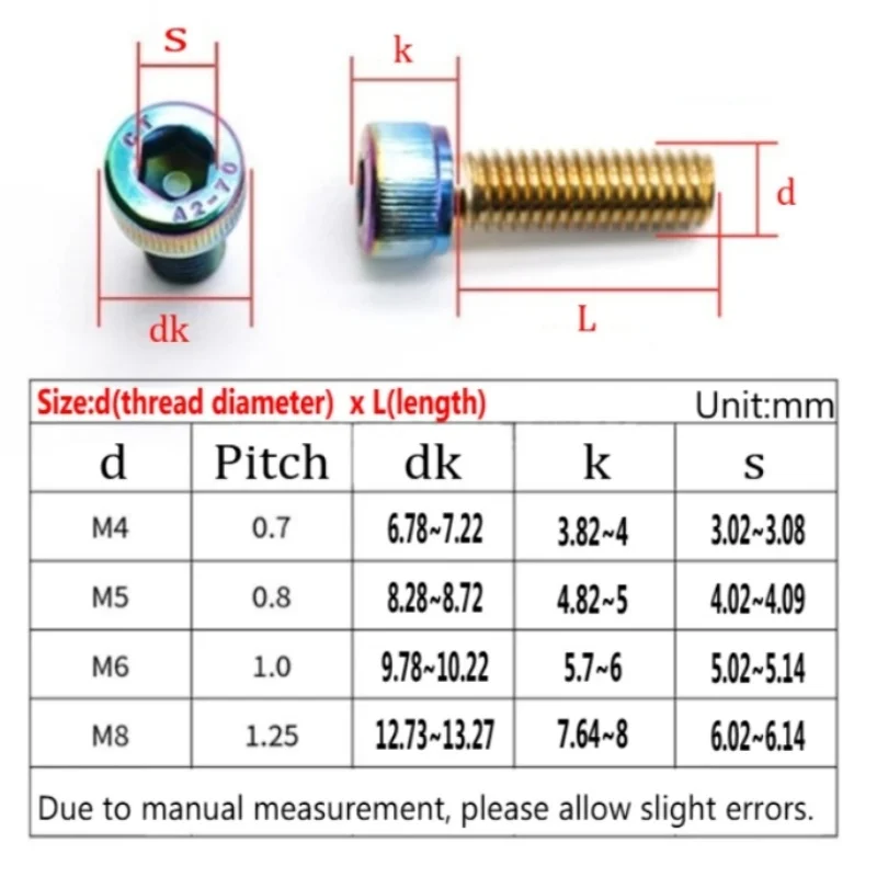 M4 M5 M6 M8 Hexagon Hex Socket Cap Head Screw S304 Stainless Steel Vacuum Plated Allen Bolt DIN912 for Motorcycle Modification