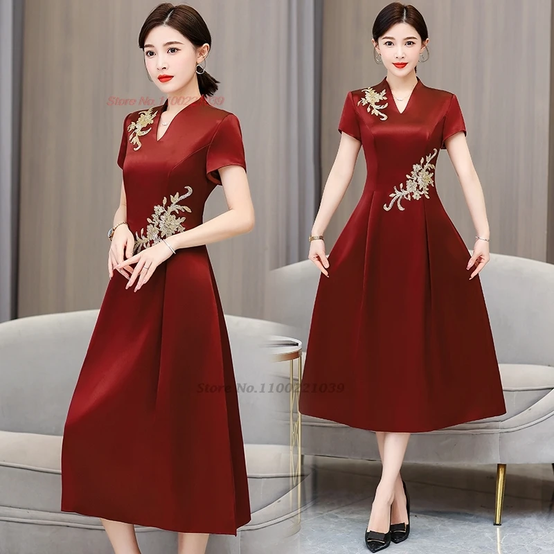 2024 vestido tradicional chino qipao flor nacional bordado boda cheongsam oriental vestido acampanado banquete noche qipao