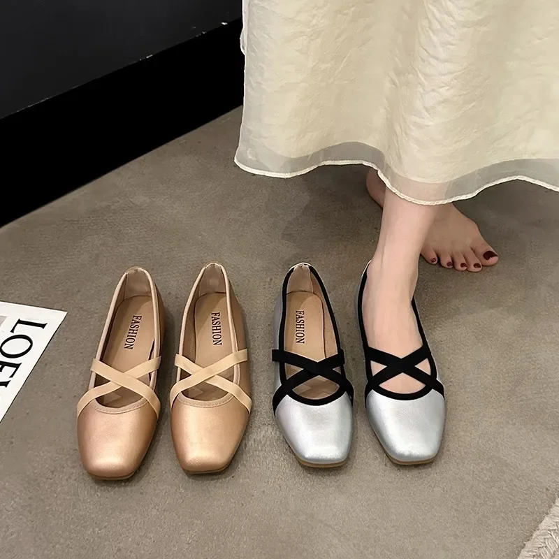 2024 New Women Ballet Flats Fashion Elegant Cross Strap Shoes Ladies Comfort Square Toe Street Style Soft Sole Ballerinas Shoes