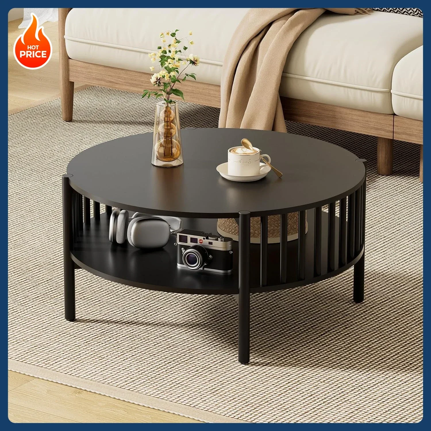 

[Скидка на цена! ]Круглый журнальный столик для гостиной, деревянный и современный журнальный столик с открытым хранилищем, черный