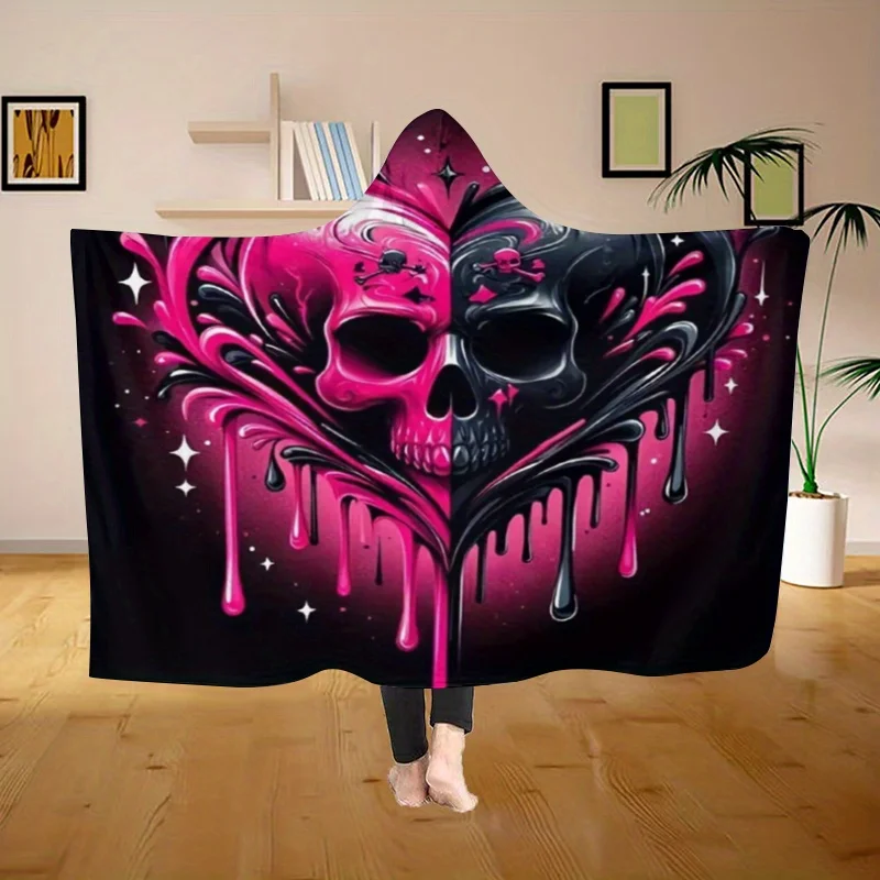 A Hooded Blanket with a Candy Skull Pattern, P1 Wearable Fleece Blanket in Mixed Colors, Ultra-Soft Throw Blanket