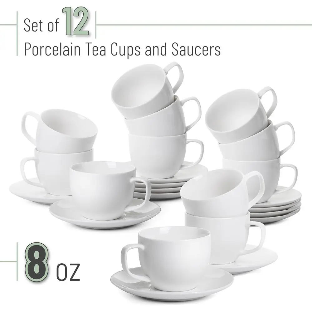 Set of 12 White Porcelain Tea Cups & Saucers, 8oz Capacity