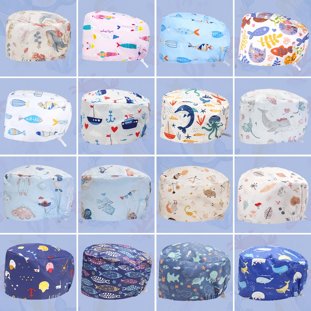 Walvis Patroon Scrub Cap Kort Haar Vrouwen Werken Hoeden Ademend Zacht Dierenkliniek Tandarts Verpleging Caps K1030
