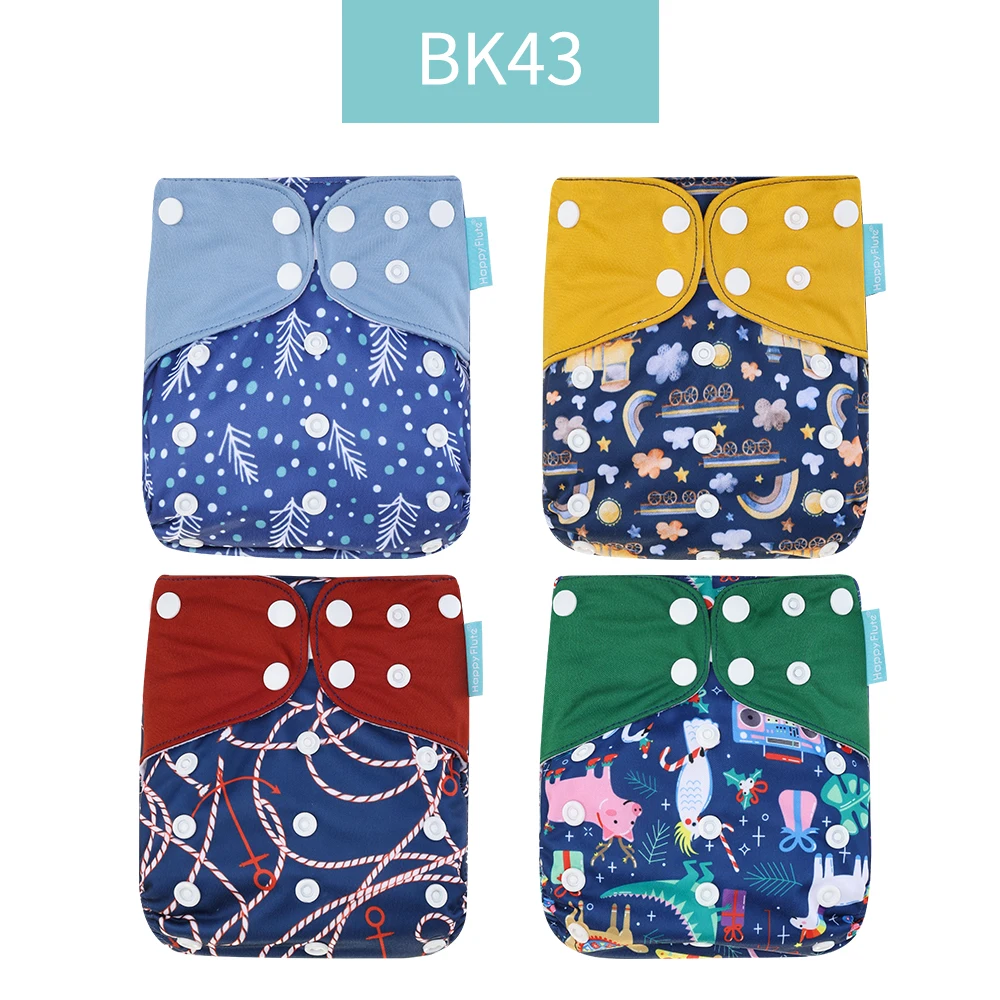 HappyFlute New Print 4Pcs Set OS Pocket Diaper Washable&Reusable Baby Nappy Adjustable Baby Diaper Cover