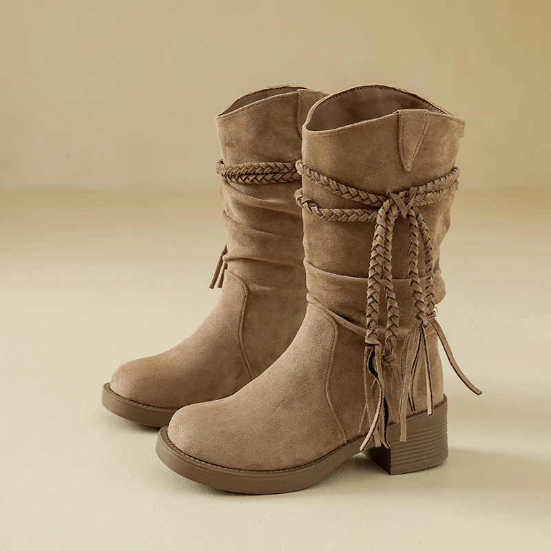 

Весна и осень 2024, новые модные ботинки в стиле ретро, модные ботинки на толстом каблуке, длинные ботинки-трубы, облегающие сложенные сапоги средней длины