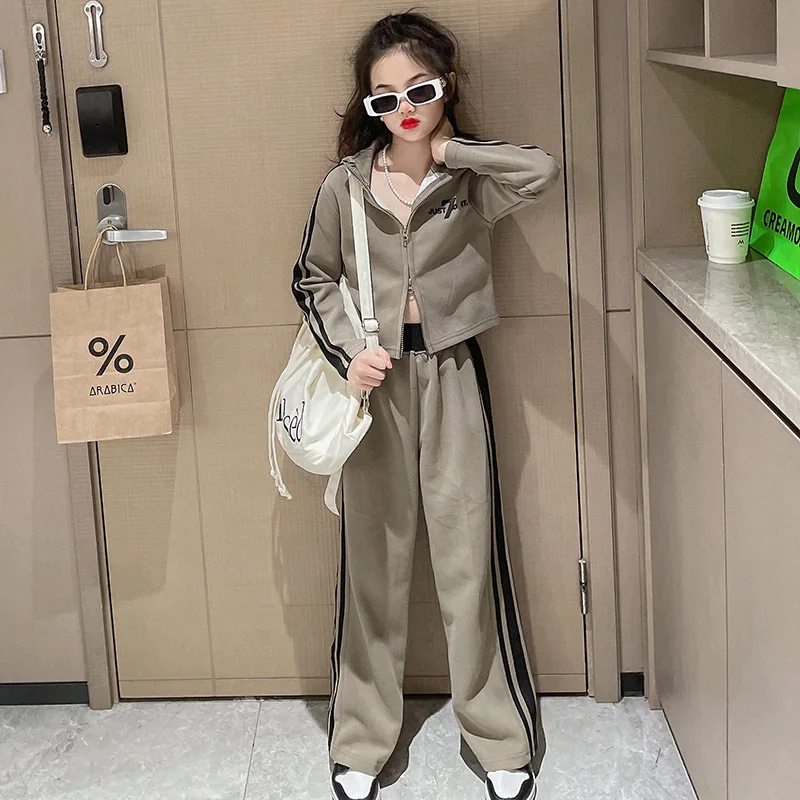 Teen Girls Tracksuit Autumn 2023 Casual Outerwear Wide Leg Pants Two Pieces Kids Outfits Set 10 12 13 Years Children Clothing