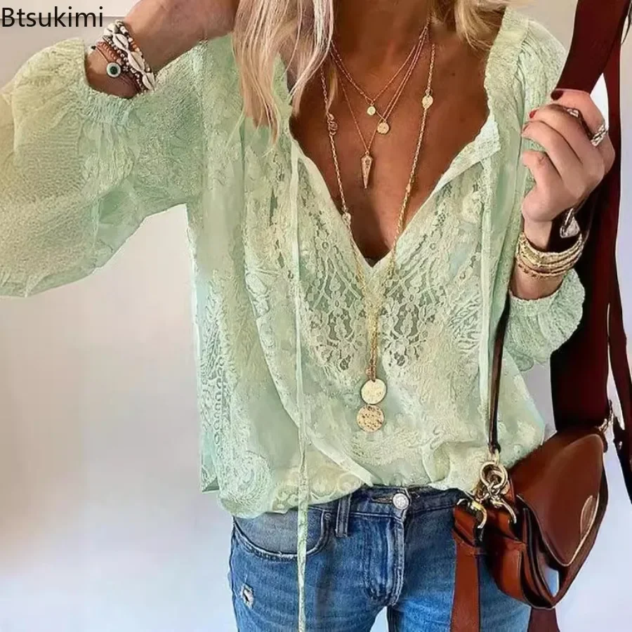 Dames sexy effen kanten shirts blouses chic uitgehold v-hals lange mouwen kanten trui tops commuter dames streetwear shirt
