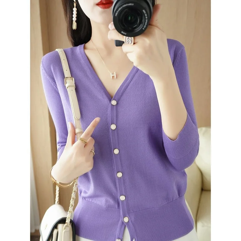 Fashion Solid Color V-Neck Button Knitted Cardigan Sweater Women's Clothing 2022 Autumn New Casual Tops All-match Korean Coat