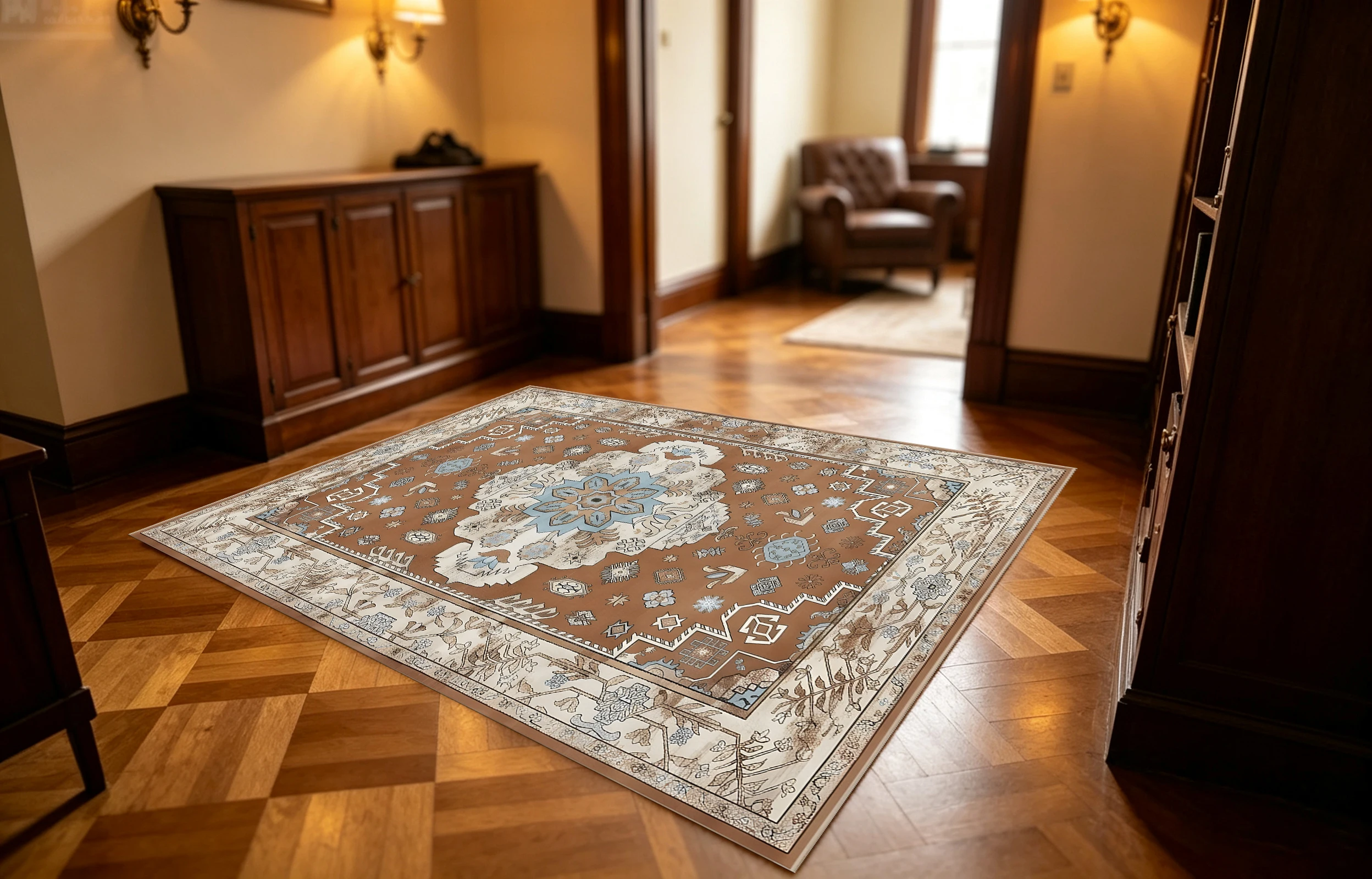 Brown‑Base Vintage Palace‑Style Area Rug, Gorgeous Central Floral Pattern, for Autumn Winter Home Refresh, Decor for Living Room and Study