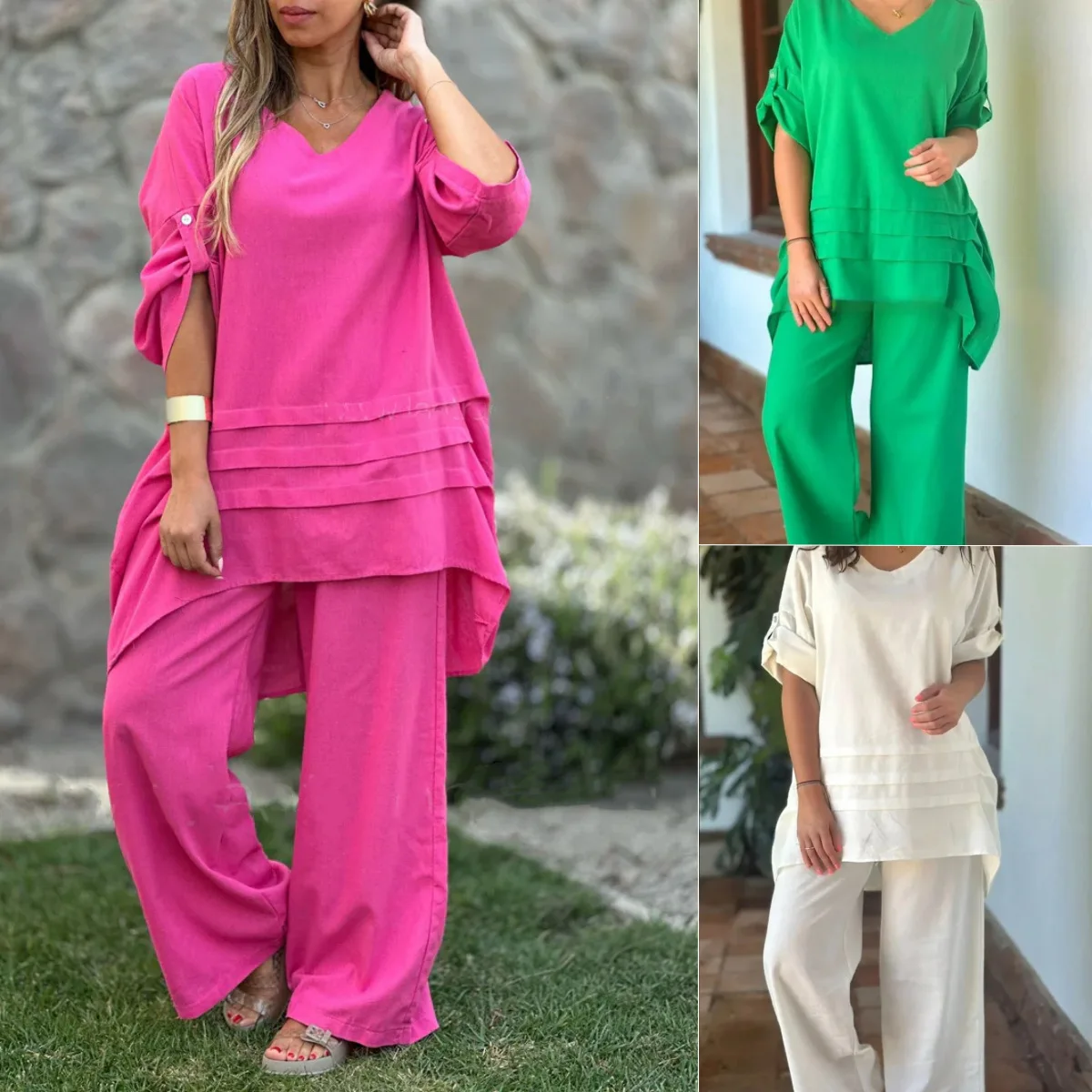 

2025 Spring New Fashion Women's Solid Color Plus Size 2 Piece Cotton Linen Sets Casual O-neck Half Sleeve Tops Loose Trousers