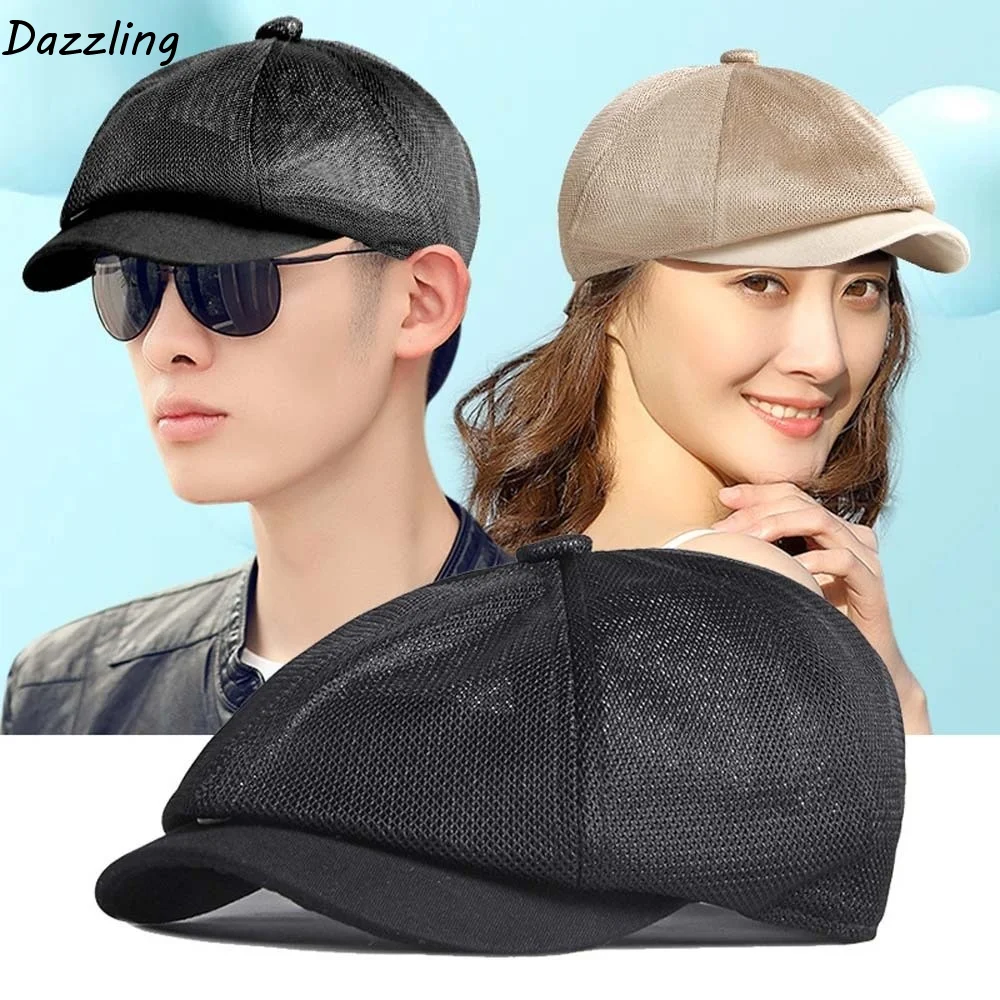 

Solid Color Mesh British Beret Hollow-Out with Snap Buckle Breathable Artist Hat Versatile Big Head Circumference