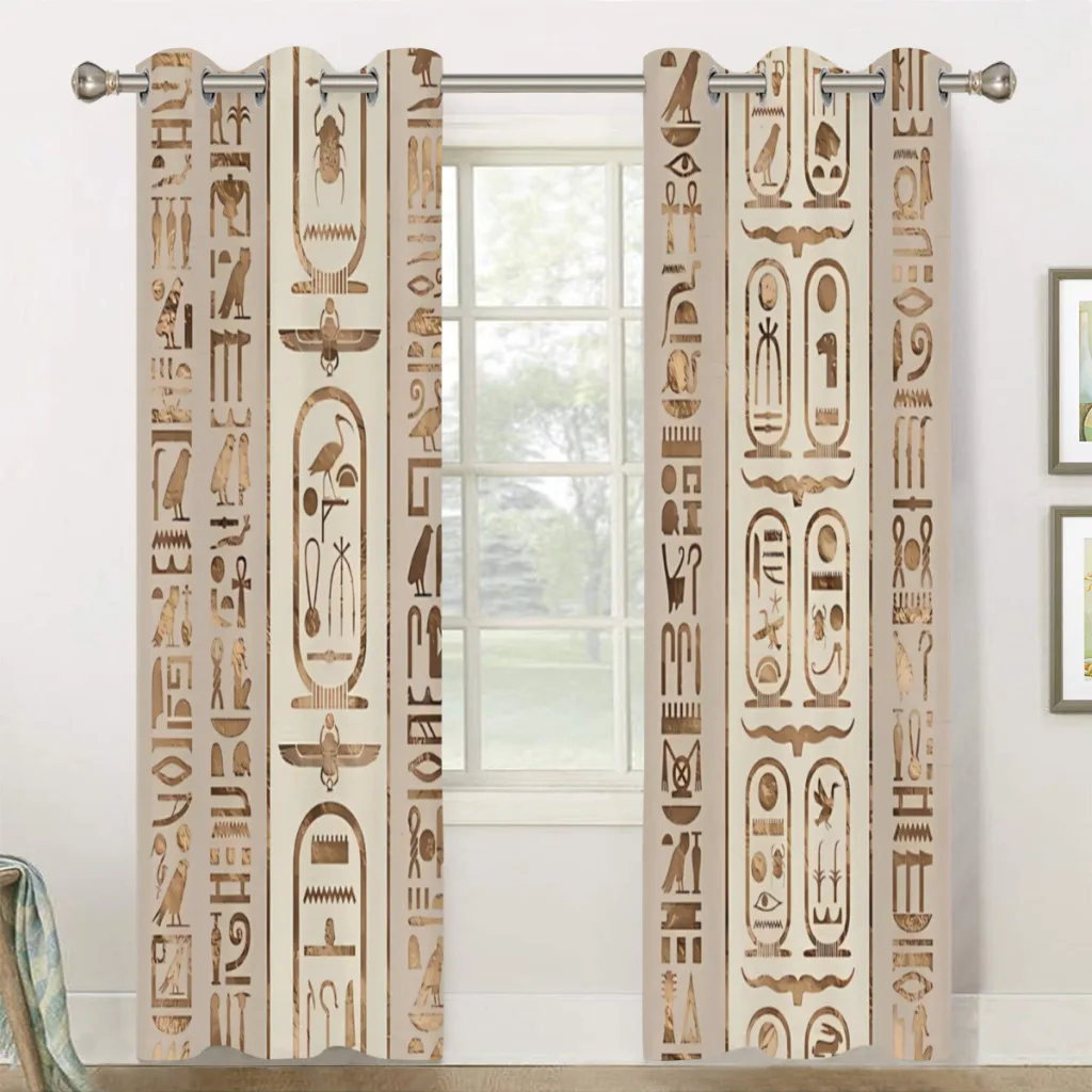 Egyptian hieroglyphs Pastel Gold Shading Curtains for Living Room Decoration Window Curtain 2 PC