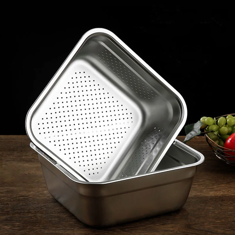 Stainless Steel Vegetable Fruit Drain Storage Tray Thicken Square Serving Salad Mixing Bowl Home Kitchen Filter Plates Container