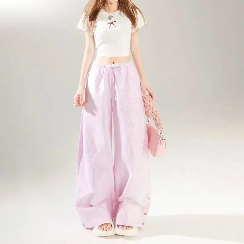 الرجعية منخفضة الارتفاع مخطط واسعة الساق السراويل عادية الدانتيل الرباط ثنى Y2K نمط الربيع الصيف المرأة الملونة فضفاضة تناسب بنطلون