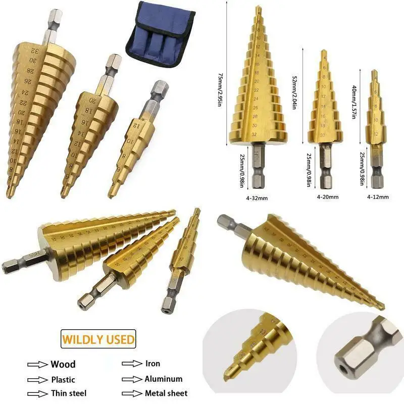 Pagoda Drill Hexagonal Handle Straight Groove Titanium Plated Step Drill Set Twist Drill Bit Opener three-piece Pagoda Drill Set