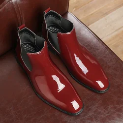 Fashion Luxury Glossy Patent Leather Boots Men's Chelsea Boots Men Classic Ankle Boots Business Boots Dress Boots Red Size 38-48