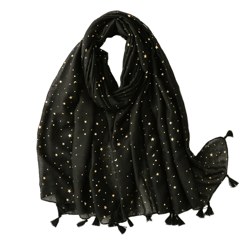 2022 Spring Star Print Gold Foil Tassel Scarf Shawls Long Beautiful Moon Hijab Wrap 7 Color Free Shipping