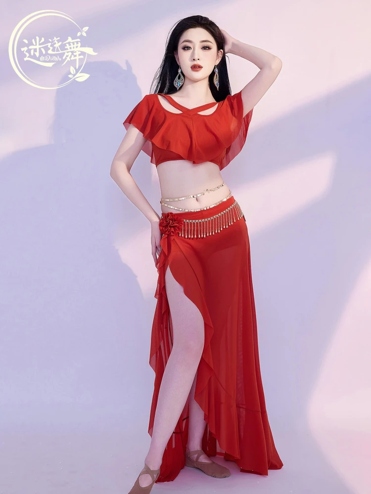 Original novo estilo traje de dança do ventre gaze sexy flor saia longa roupas de dança oriental dw314