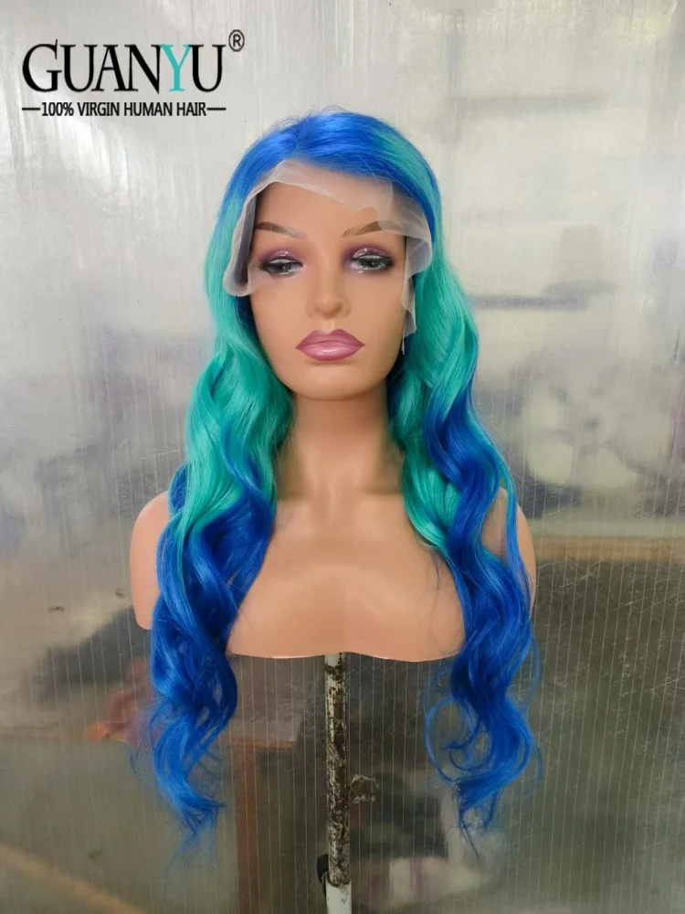 

Ombre Blue-Green-Blue Human Hair 13x6 HD Lace Front Wig Loose Wave 13x4 Transparent Lace Frontal Wigs For Women