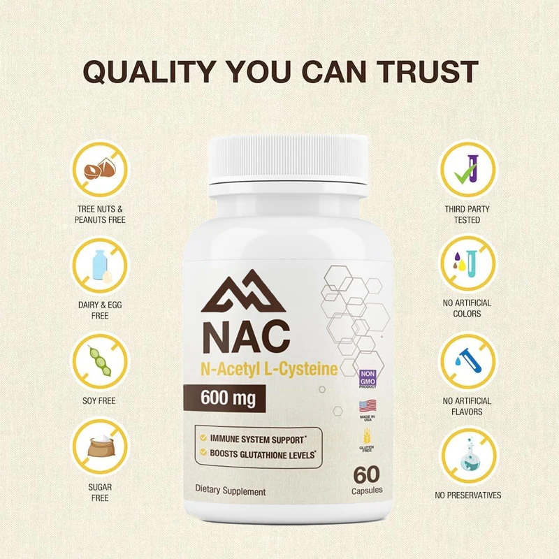 N-acetyl-L-cysteine (NAC) 600mg, supports immune liver health and antioxidant support, 60 vegetarian capsules