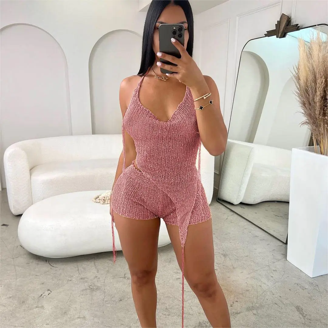 Boutique Women Hooded Shorts Set Sexy Backless Knitted Clothing Two Piece Set