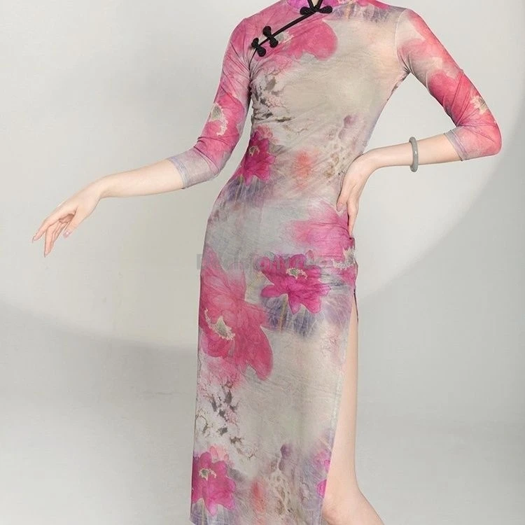 Classical Dance Printing Qipao Chinese Folk Dance Practice Garment Stage Performance Temperament Stretchy Mesh High Slit Dress