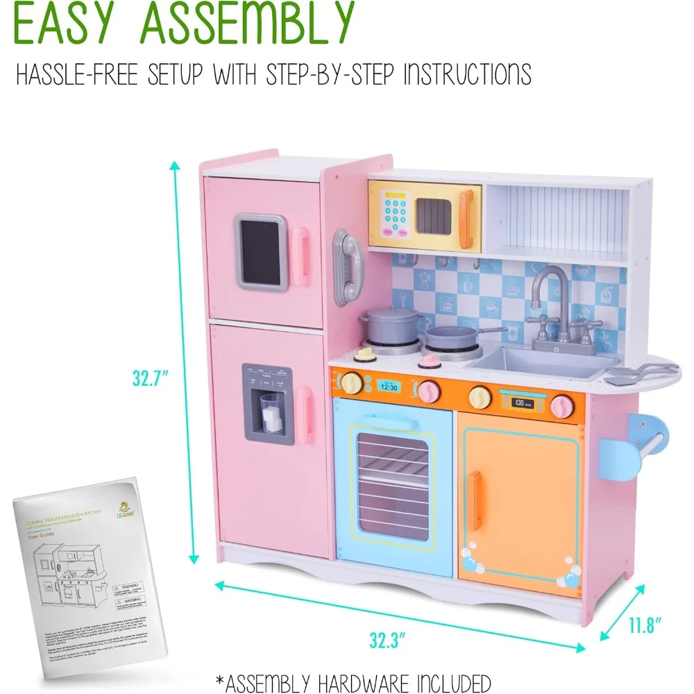 Kids Kitchen Set, Pretend Wooden Play Kitchen with Chalk Board, Play Phone, Rack & Ice Dispenser, Clicking Knobs