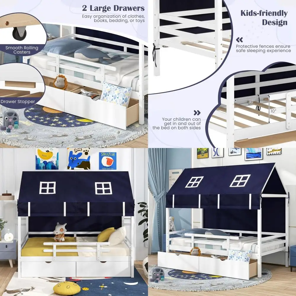 

Белая детская кровать-диван размера Twin с палаткой, ящиками для хранения и бортиками - подходит для мальчиков и девочек