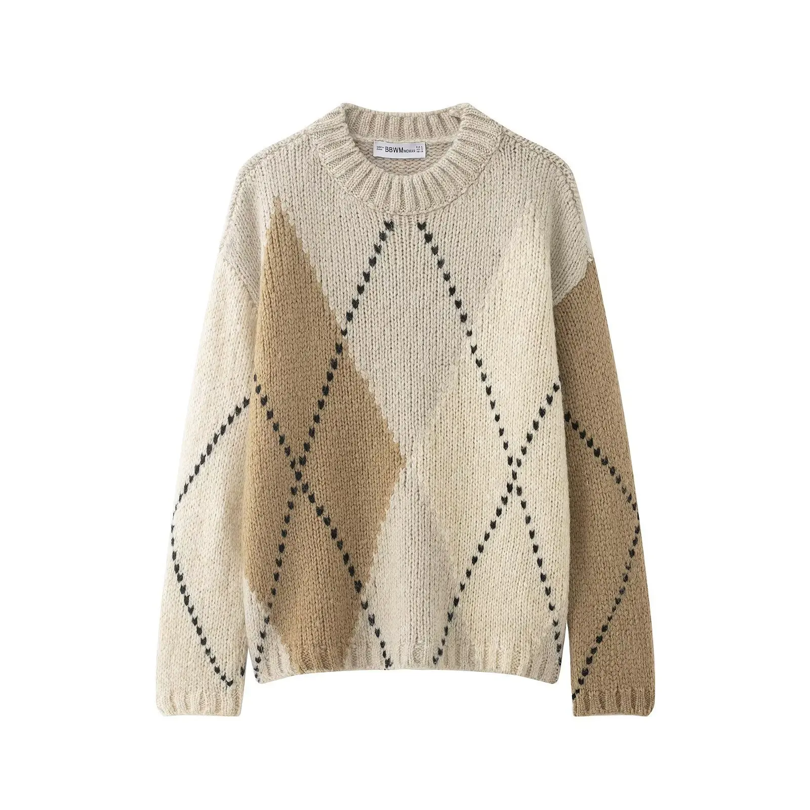 025 nuovi prodotti invernali Maglione casual con motivo a diamanti e collo rotondo da donna transfrontaliero europeo e americano