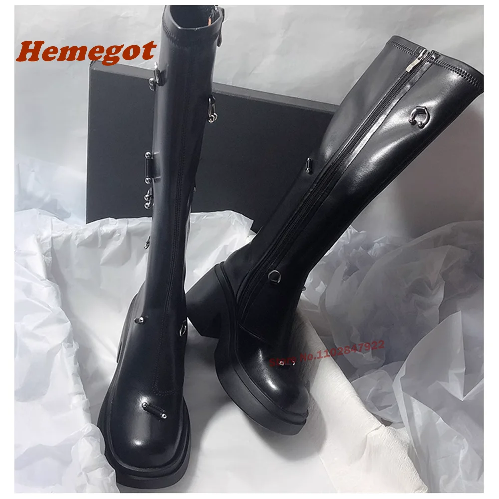 Black Boots Piercings Aged-Silver Studs Buckles Platform Beige Side Zip Chunky Heels Knee High Boots for Women Winter Thick Sole