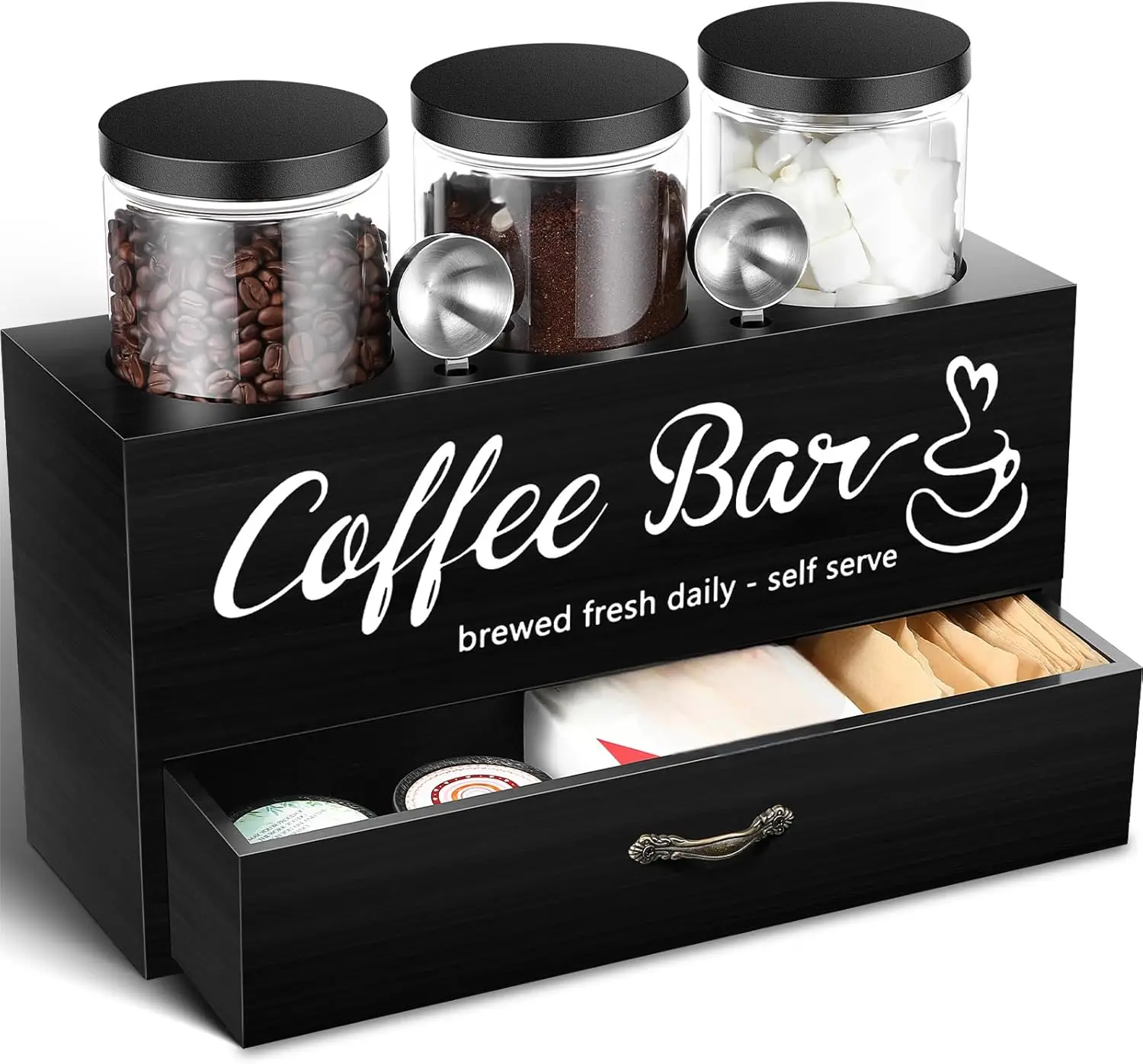 

3-Piece Coffee Canister Set with Wooden Shelf, Spoons, and Lids for Kitchen Storage in Black