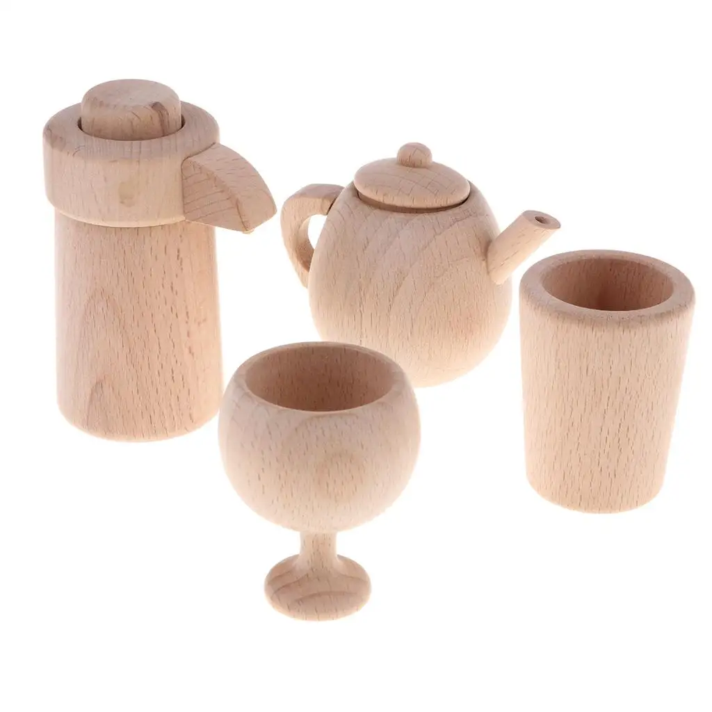 Natural Wood Educational Pretend Play Toy Kettle Cup for Boy Girls Role Play